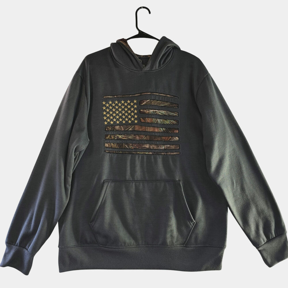 Mossy Oak Flag Mens Pullover Hoodie Grey/Camo Size XL